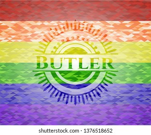 Butler emblem on mosaic background with the colors of the LGBT flag