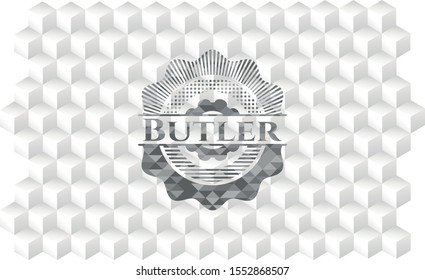 Butler grey badge with geometric cube white background