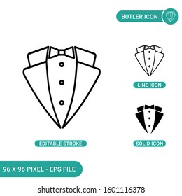 Butler icons set vector illustration with solid icon line style. Tuxedo style concept. Editable stroke icon on isolated background for web design, infographic and UI mobile app.