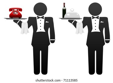 Butler Servant Or Room Service Waiter Delivers Food Or Phone On Tray