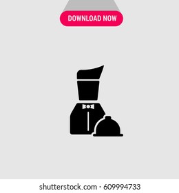Butler with Serving Platter Vector Icon, The silhouette of butler with plate . Simple, modern flat vector illustration for mobile app, website or desktop app 