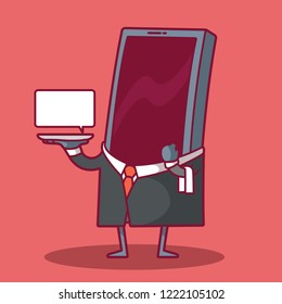 Butler with a tray delivering a message vector illustration. Tech, technology, Smartphone, future, service, network, friends design concept