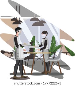 Butler and waiters are cleaning the table at restaurant illustration