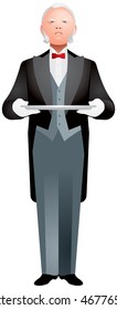 Butler Wearing Tuxedo Holding Silver Tray With White Gloved Hands Realistic Vector Illustration