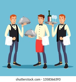 Butler Worker Vector. Man Butler Person In Uniform With Dish. Dinner On Restaurant. Illustration