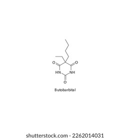 Butobarbital flach Skelett molekulare Struktur Barbiturat Arzneimittel zur Behandlung von Schlaflosigkeit, Angstzuständen, Sicherungen. Vektorgrafik.