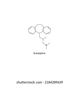 Butriptyline molecule flat skeletal structure, TCA - Tricyclic antidepressant class drug used in depression treatment. Vector illustration on white background.