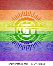 Butt emblem on mosaic background with the colors of the LGBT flag
