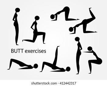 Butt exercises workout stylized silhouettes set vector.