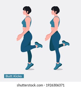 Butt Kicks exercise, Women workout fitness, aerobic and exercises. Vector Illustration.