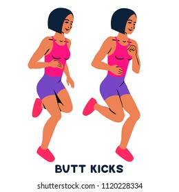 Butt kicks. Sport exersice. Silhouettes of woman doing exercise. Workout, training Vector illustration