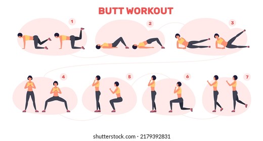 Pero entrenamiento. Pasos ejercicio de aptitud entrenamiento nalgas ejerciendo squash en la parte inferior de la espalda para el cuerpo conjunto ajuste muscular cadera de la pierna guía de posición de la mujer músculos, ilustración vectorial entrenamiento de ejercicio fitness