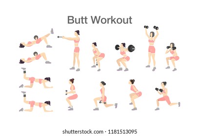 Butt workout for women with dumbbell and barbell set. Sport exercise for muscle building. Fitness in the gym. Isolated vector illustration