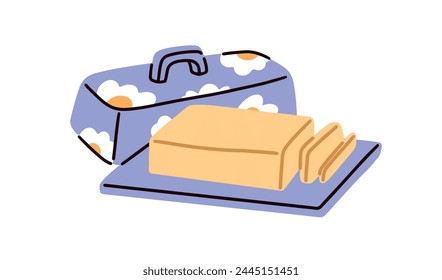 Butter bar, block on plate, dish. Fresh dairy milk product, creamy fat food with ceramic lid, cover. Breakfast ingredient, cut slices. Flat vector illustration isolated on white background