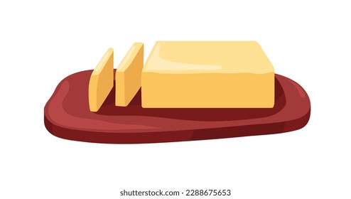 Butter bar, block on wooden board. Dairy milk product, fat cooking ingredient, cut slices, creamy pieces. Fatty food. Flat vector illustration isolated on white background