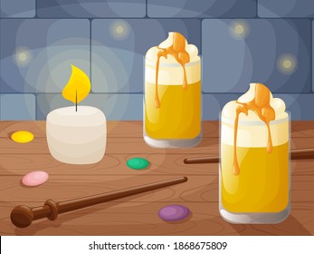 Butter beer, magic wands and candies on the wooden table. Brightly shining candle. Interior with wooden table and stone wall in the background. Flat style illustration.