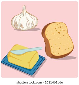 Butter, bread, garlic in cartoon  design.