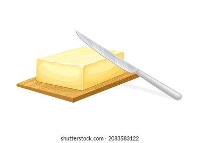 Butter brick on wooden cutting board with knife. Natural dairy product, margarine or spread vector illustration