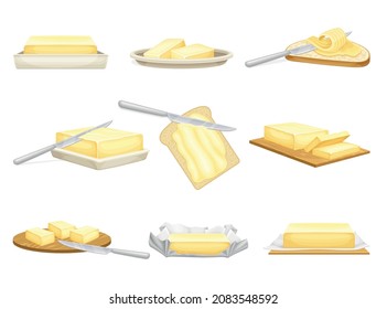 Butterstock und Scheiben Set. Natürliche Milcherzeugnisse, Margarine oder verbreitete Vektorgrafik