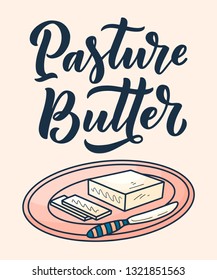 Butter in cartoon style on white background. Vector doodle illustration. Tasty breakfast. Diet healthy food. Pasture and nutrition.