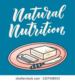 Butter in cartoon style on white background. Vector doodle illustration. Tasty breakfast. Diet healthy food. Pasture and nutrition.