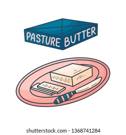 Butter in cartoon style on white background. Vector doodle illustration. Tasty breakfast. Diet healthy food. Pasture and nutrition.