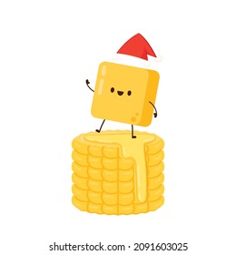 Butter character design. Butter on Corn. Santa Claus hat
