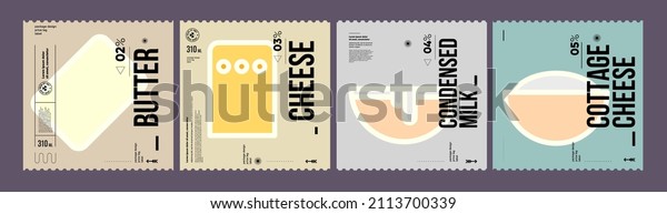 Butter, cheese, condensed milk, cottage\
cheese. Farmer\'s products. A set of vector labels in a modern,\
minimalist style. Geometric icons and elements.\
