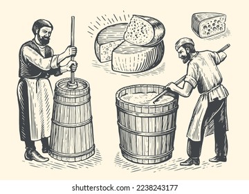 Butter and cheese production concept. Farm worker making organic dairy food, sketch set. Vintage vector illustration