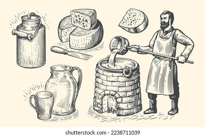 Butter and cheese production concept. Farm worker making organic dairy food. Sketch set vintage vector illustration