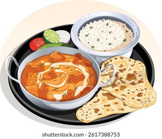 Butter Chicken Kadai with Naan and Jeera Rice – Indian Punjabi Dhaba Style Thali Illustration