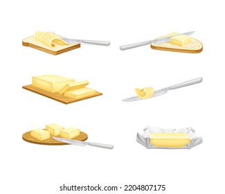 Butter Chunk with Knife Spreading It on Slice of Bread Vector Set