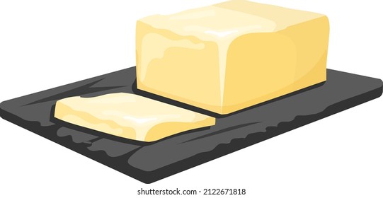 Mantequilla de color crema, cortada en rodajas, sobre una tabla de piedra negra, imagen vectorial aislada en fondo blanco