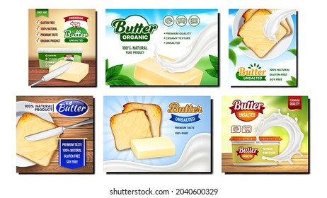 Butter kreative Werbeplakate setzen Vektorgrafik. Butterblock und Blankenverpackungen, Kniffeküche und Milchflaschen, Sandwich-Toast und Bleibanner für die Werbung. Illustrationen für Stilkonzepte