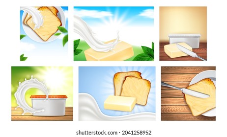 Butter Creative Promotional Posters Set Vector. Butter Block And Blank Packages, Knife Kitchenware And Milk Splash, Sandwich Toast And Leaves Advertising Banners. Style Concept Template Illustrations