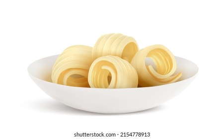 Butter curl 3d realistic vector illustration. Swirls of margarine or vegan vegetable spread in porcelain bowl, rolled creamy dairy product, set icon isolated on white background