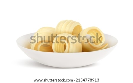 Butter curl 3d realistic vector illustration. Swirls of margarine or vegan vegetable spread in porcelain bowl, rolled creamy dairy product, set icon isolated on white background