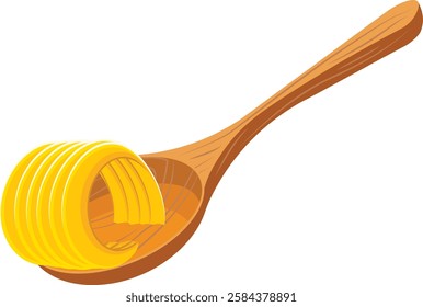 butter curl on wooden spoon, yellow milk butter rolled on wooden spoon, Margarine curl. 