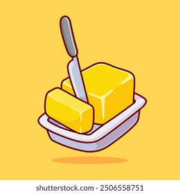 Butter Cut With Knife Cartoon Vector Icon Illustration. Food Object Icon Concept Isolated Premium Vector. Flat Cartoon Style