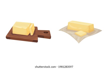 Butter as Dairy Product Rested on Wooden Board Vector Set