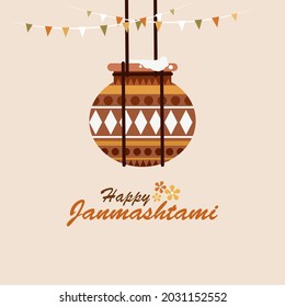 Butter in a decorated clay pot. Indian festival Janmashtami greeting background