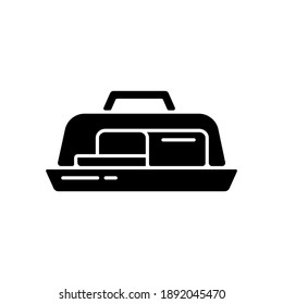 Butter dish black glyph icon. Plate with lid for dairy product. Milky and fatty food. Kitchen tool for storage. Foodstuff, grocery. Silhouette symbol on white space. Vector isolated illustration