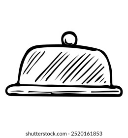 Butter dish dibujado a mano doodle. Vajilla. Recipiente para almacenar mantequilla. Utensilios de cocina. Placa de cerámica o metal con tapa. Vector boceto línea ilustración de arte.