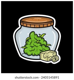 Butter Flavor With Cartoon Mascot of Weed Bud On Jar. For Sticker and label. Vector and Illustration.