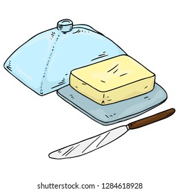 Butter hand drawn. Vector illustration of a piece of butter with a knife. 