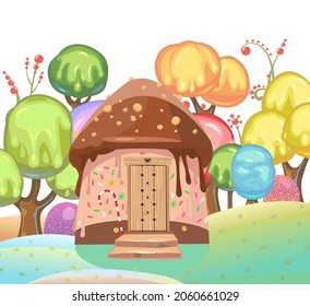 Butter home with a chocolate roof. Sweet caramel fairy house. Summer cute landscape. Illustration in cartoon style flat design. Picture for children isolated on white background.. Vector.