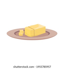 Icono de Mantequilla en una placa. Un trozo de margarina con trozos cortados. Fuente de vitamina A. Ilustración plana del vector