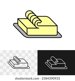 Butter icon. Peace of butter spread on the special dish bottom plate line symbol. Curl of butter on the top of the bar. Yellow dairy product piece. Adjustable stroke.