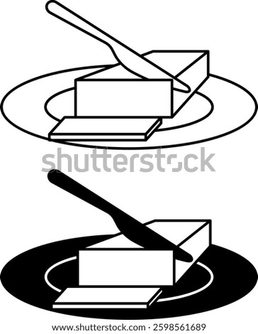 Butter Icons. Black And White Vector Illustrations. Kitchen Knife Cuts Piece Of Butter On Plate. Food, Dairy Product. Grocery Concept