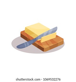 Butter and knife on a plate, baking ingredient vector Illustration on a white background